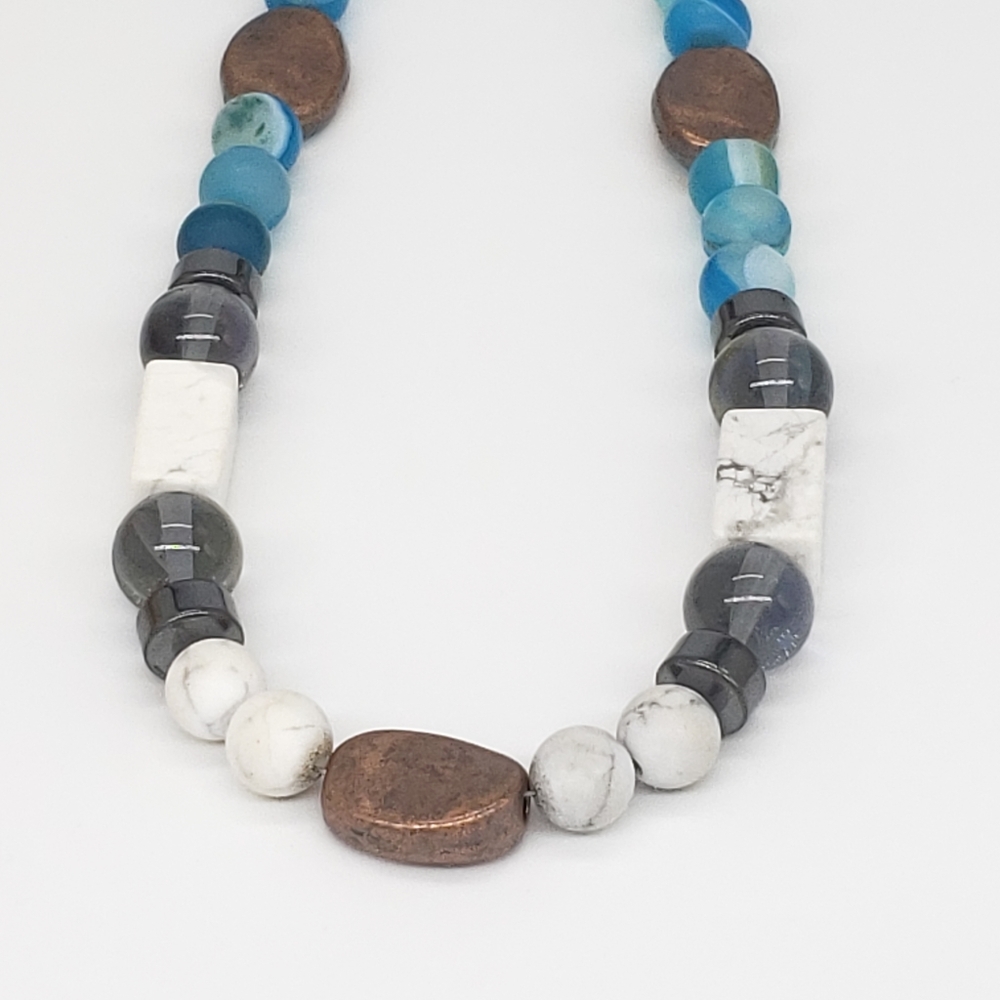 Boho Copper, Blue Agate,Hematite Bead Necklace
